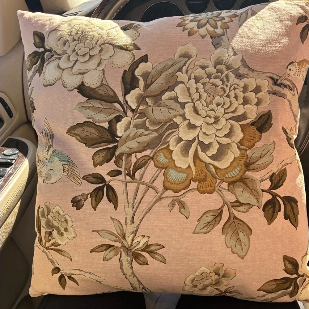 NEW Anthropologie Pink Floral Bird Print Chinoiserie Pillow Decorative 18” x 15”